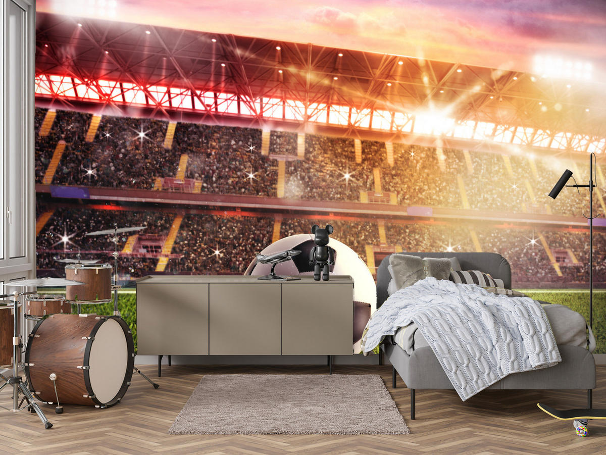FOTOTAPETE für Jugendzimmer Fußballstadion Nachtlich Lichter Tribünen 300x210 - Gelb/Rot, Papier (300/210cm) - Muralo