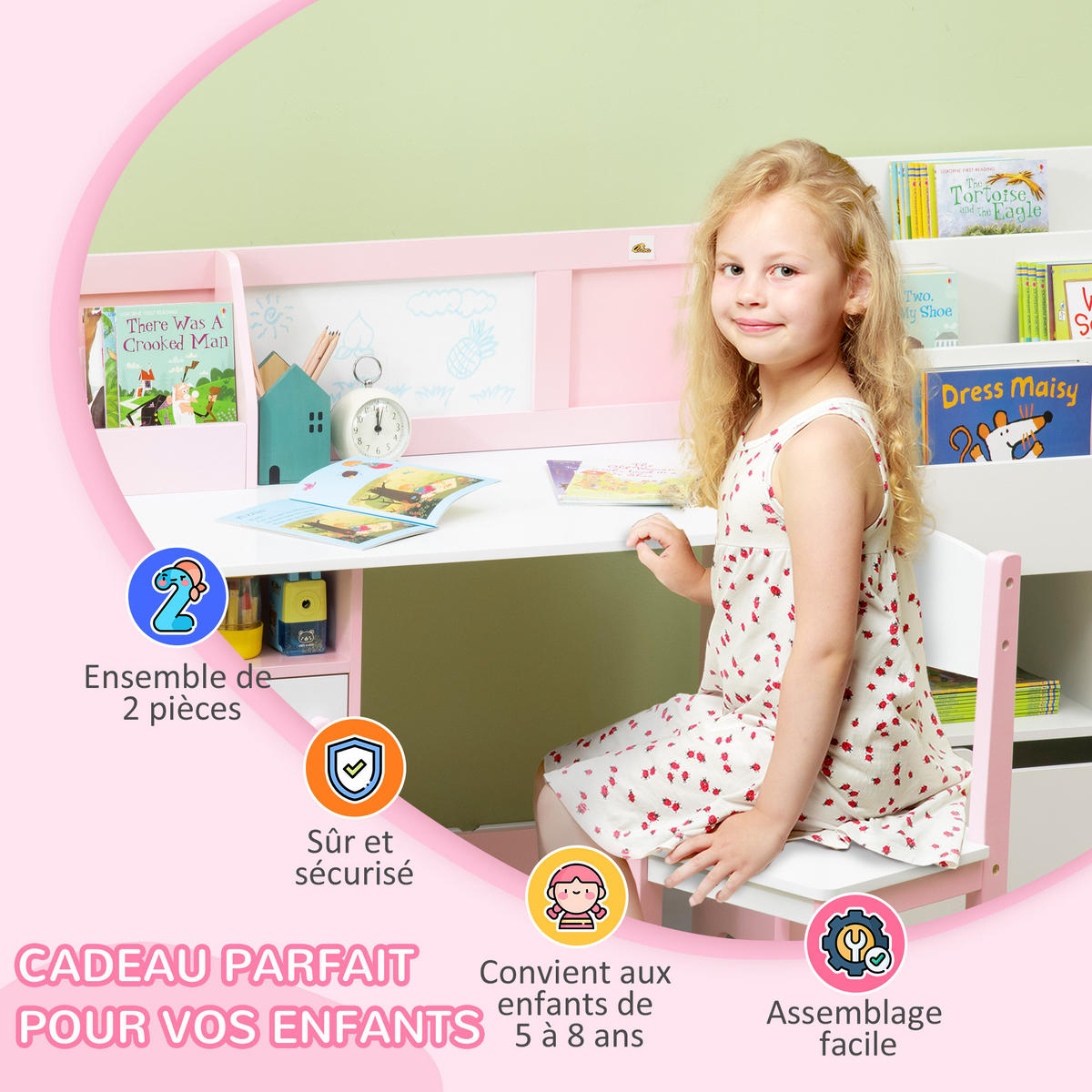 KINDER-SCHREIBTISCHSET DE-17513 mit Weißwandtafel und Stauraum Rosa - Pink, Holzwerkstoff (90/85/45cm) - ComfortXL