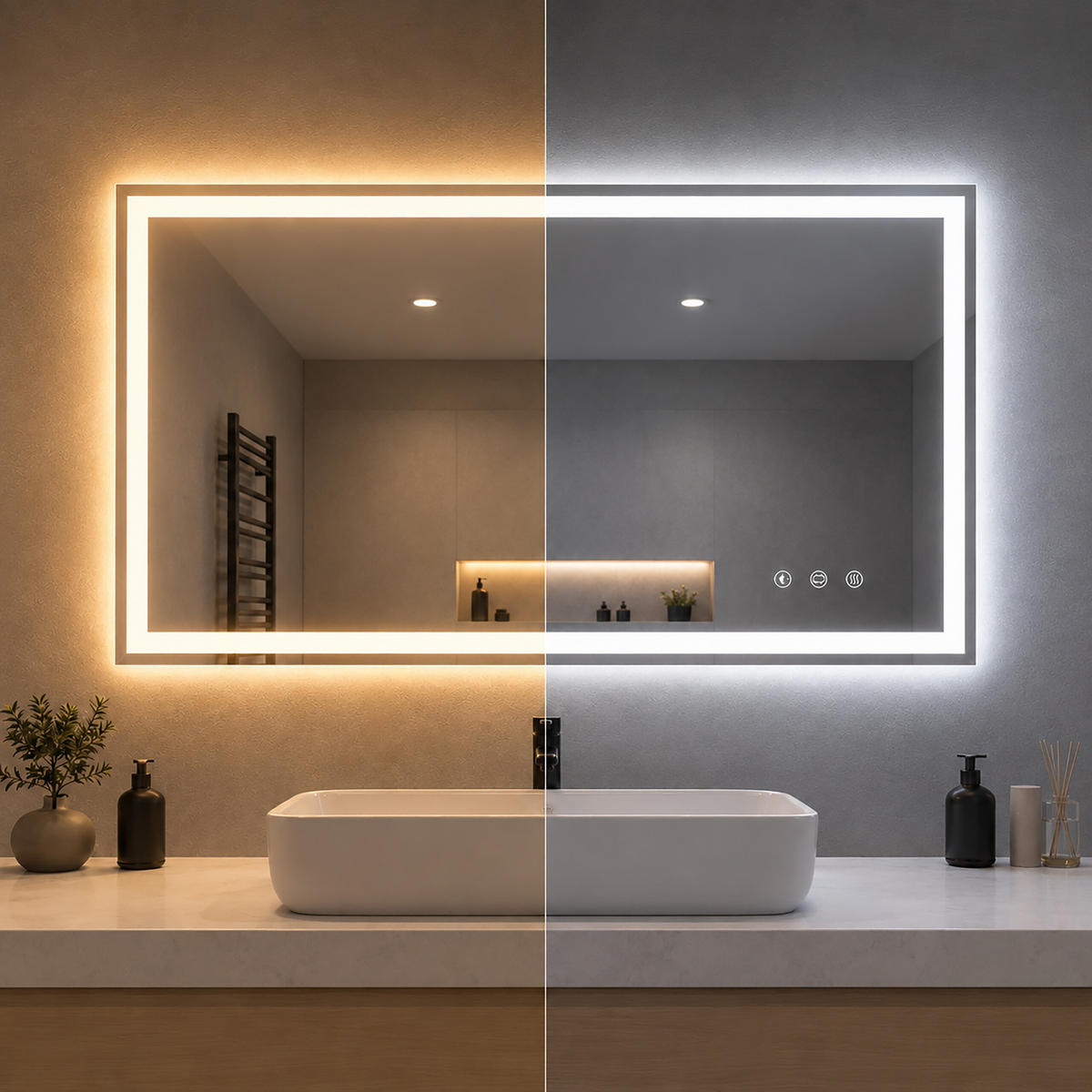 BADSPIEGEL Silber LED RGB Hintergrundbeleuchtung Touch Anti-Beschlag 60x80 cm - Transparent, Glas/Holzwerkstoff (80/60/3cm) - Relaxdays