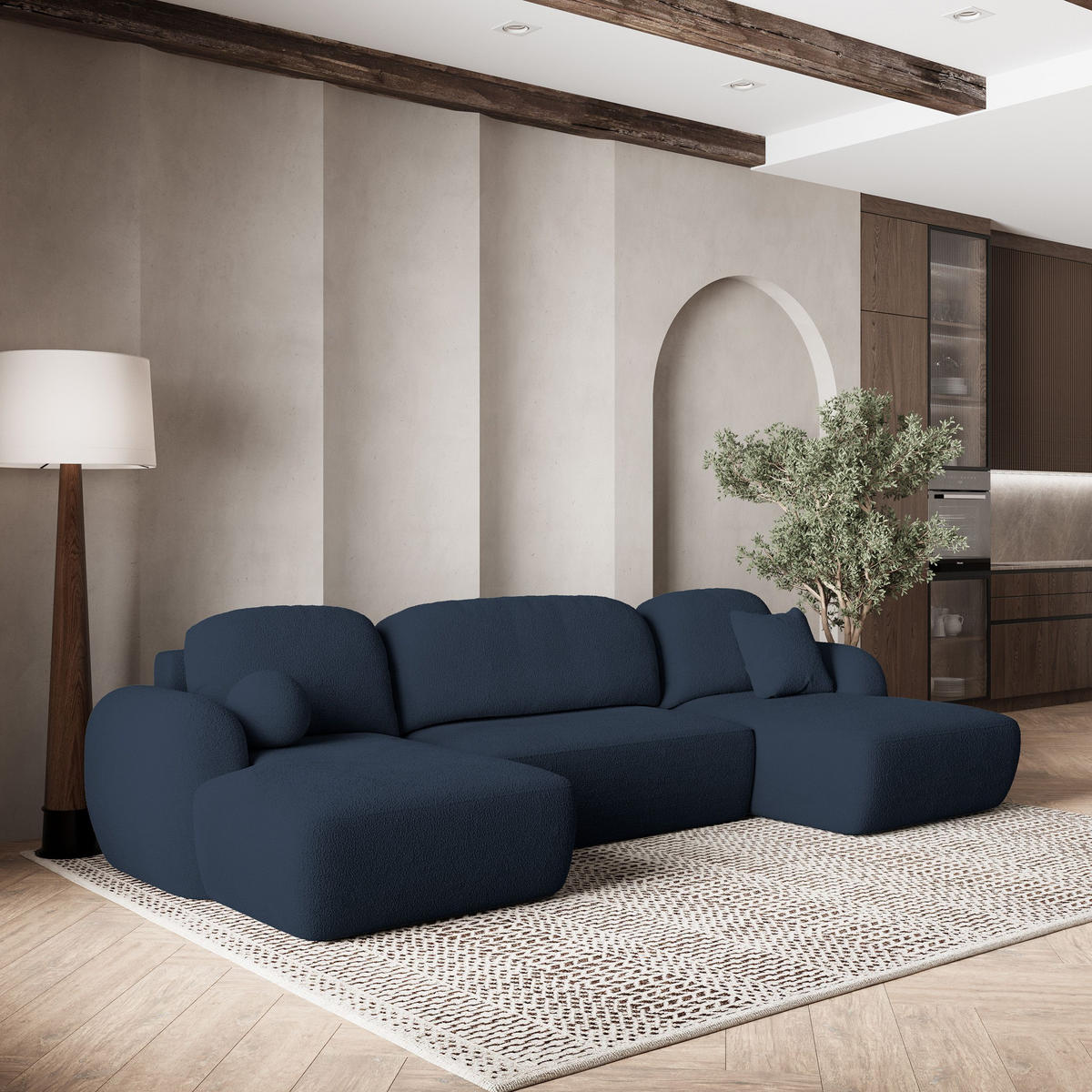 WOHNLANDSCHAFT SAVONA N Blau Boucle-Stoff mit Schlaffunktion - Blau, Holz (350/90/148cm) - MASSENO