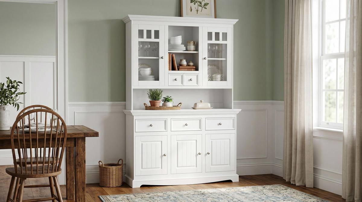 BUFFETSCHRANK Belluno Elegante Kiefer weiß (RAL9010) lackiert 130 / 45 / 190cm - Weiß, Holz/Metall (130/190/45cm) - Feldmann-Wohnen
