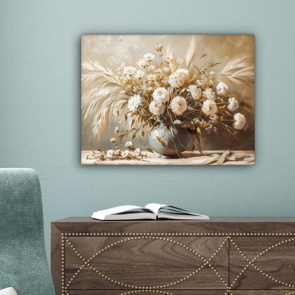 LEINWANDBILD Blumen - Vase - Stilleben - Beige Wandbild 40x30 cm - Creme, Textil (40/30cm) - MuchoWow