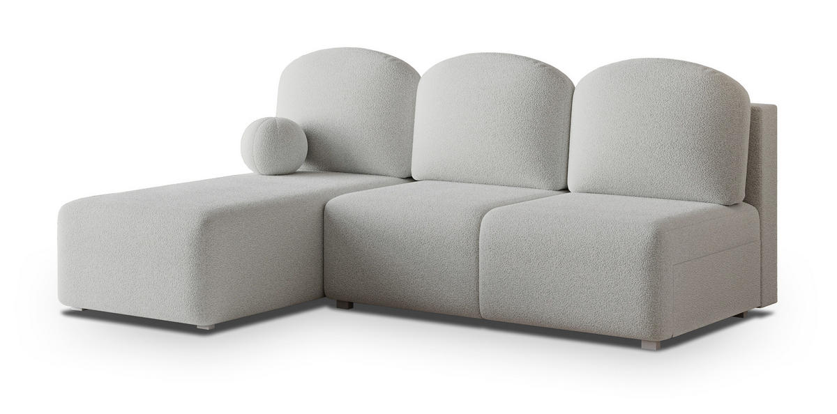 ECKSOFA TRAMA Hellgrau Boucle-Stoff mit Schlaffunktion - Hellgrau, Holz (200/143cm) - MASSENO
