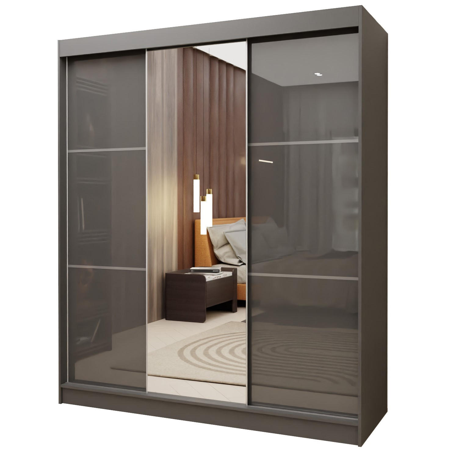 SCHWEBETÜRENSCHRANK VITALE 180/216/61 cm 3-türig mit Spiegel Grau - Grau, Holzwerkstoff (180/216/61cm) - MASSENO