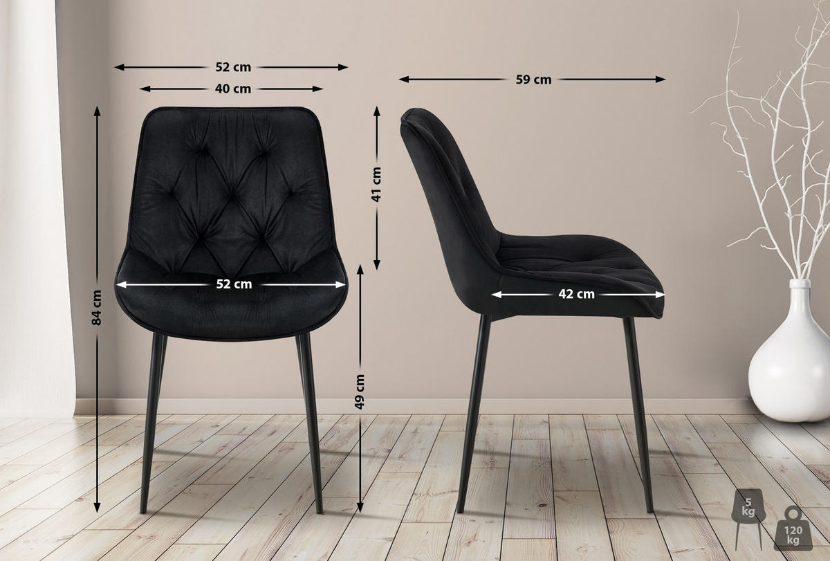 STUHL Samt schwarz - Schwarz, Textil/Metall (52/84/59cm) - CLP
