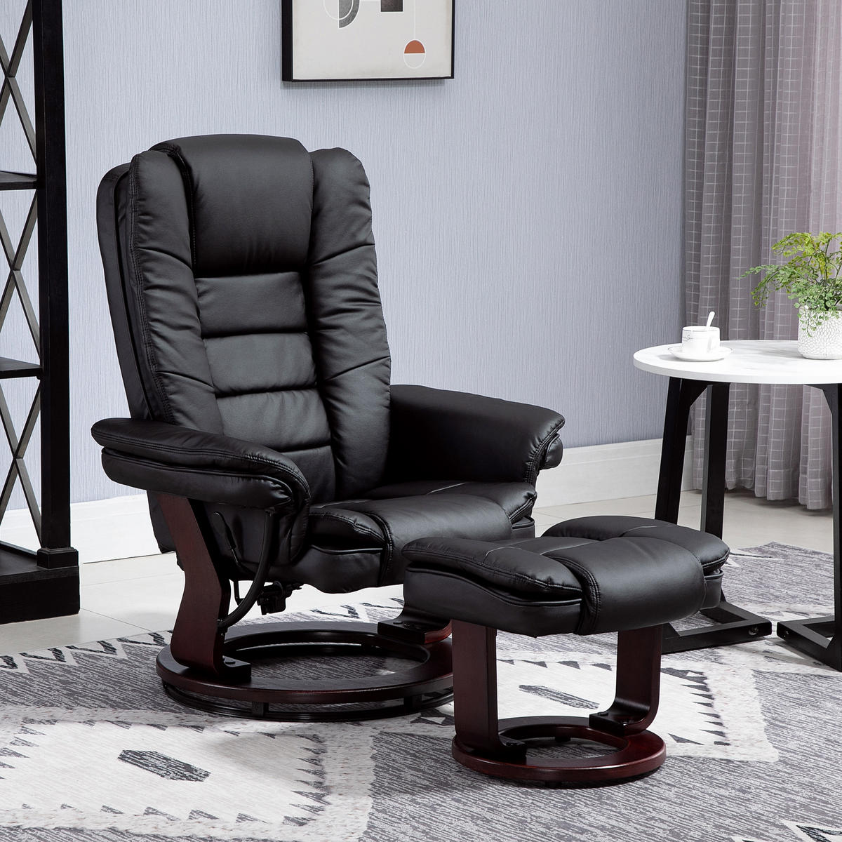 RELAXSESSEL mit Hocker 360°Drehbarer Fernsehsessel mit Liegefunktion Kunstleder - Schwarz/Braun, Leder/Holz (82/106/85cm) - HOMCOM