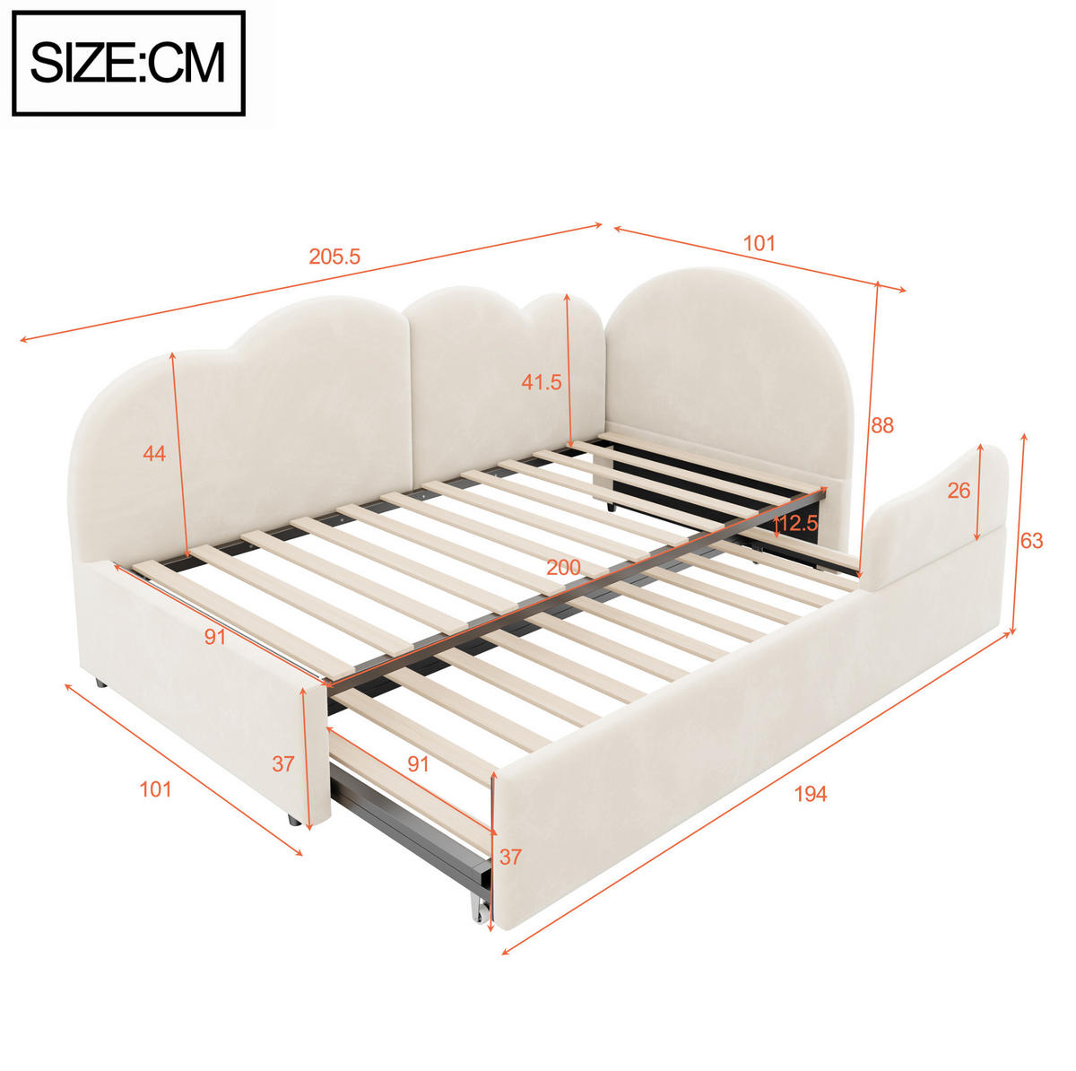POLSTERBETT Ausziehbares Schlafsofa Samt 90x200 cm Beige ausziehbar, L-Form mit Wolkenkopfteil - Beige, Textil (90/200cm) - Modfu