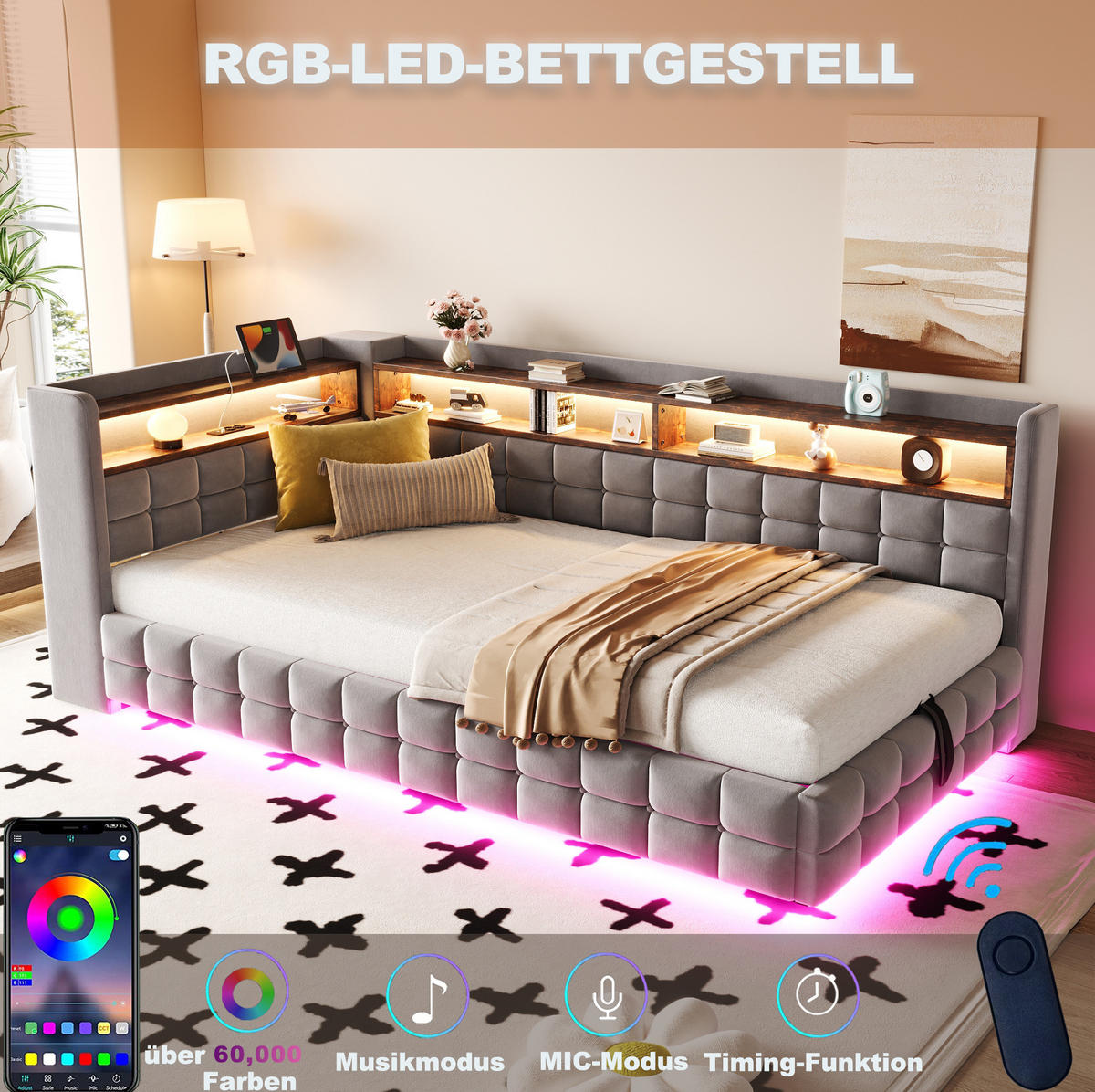 POLSTERBETT 90/200 cm Hellgrau aus Velours mit Stauraum mit LED-Beleuchtung - Hellgrau, Textil (90/200cm) - OKWISH