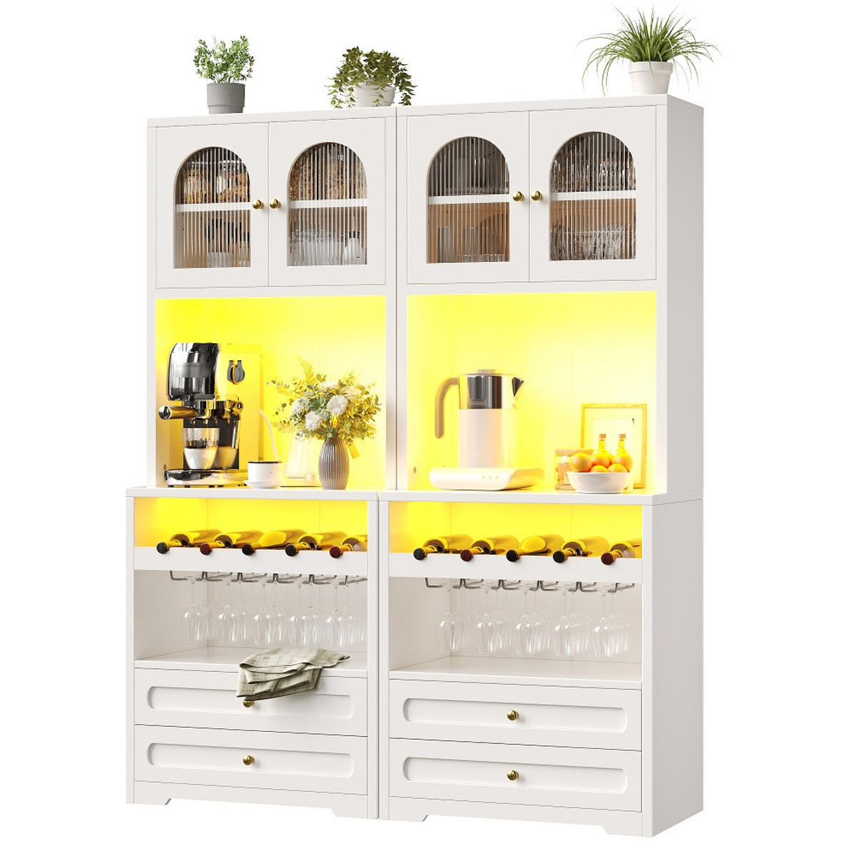 KÜCHENSCHRANK, Vitrinenschrank mit Glastüren, LED-Beleuchtung & Weinregal, MDF/Metall, 140/180/40 cm - Weiß, Kunststoff (40/180/140cm) - Rolipo