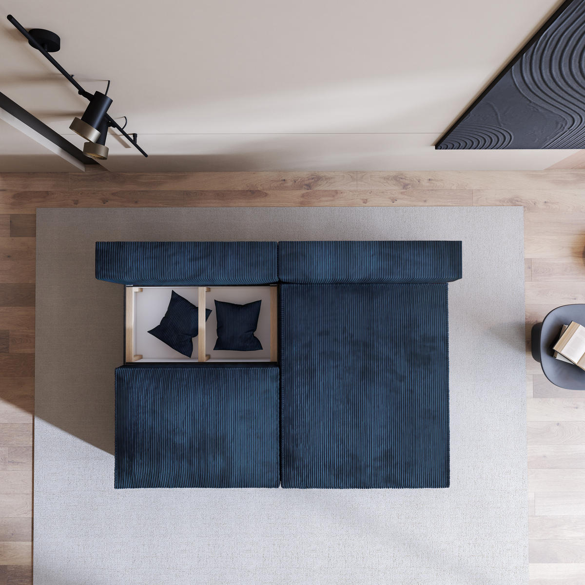 ECKSOFA FIORO P Blau Kordstoff mit Schlaffunktion - Blau, Holz (204/148cm) - MASSENO