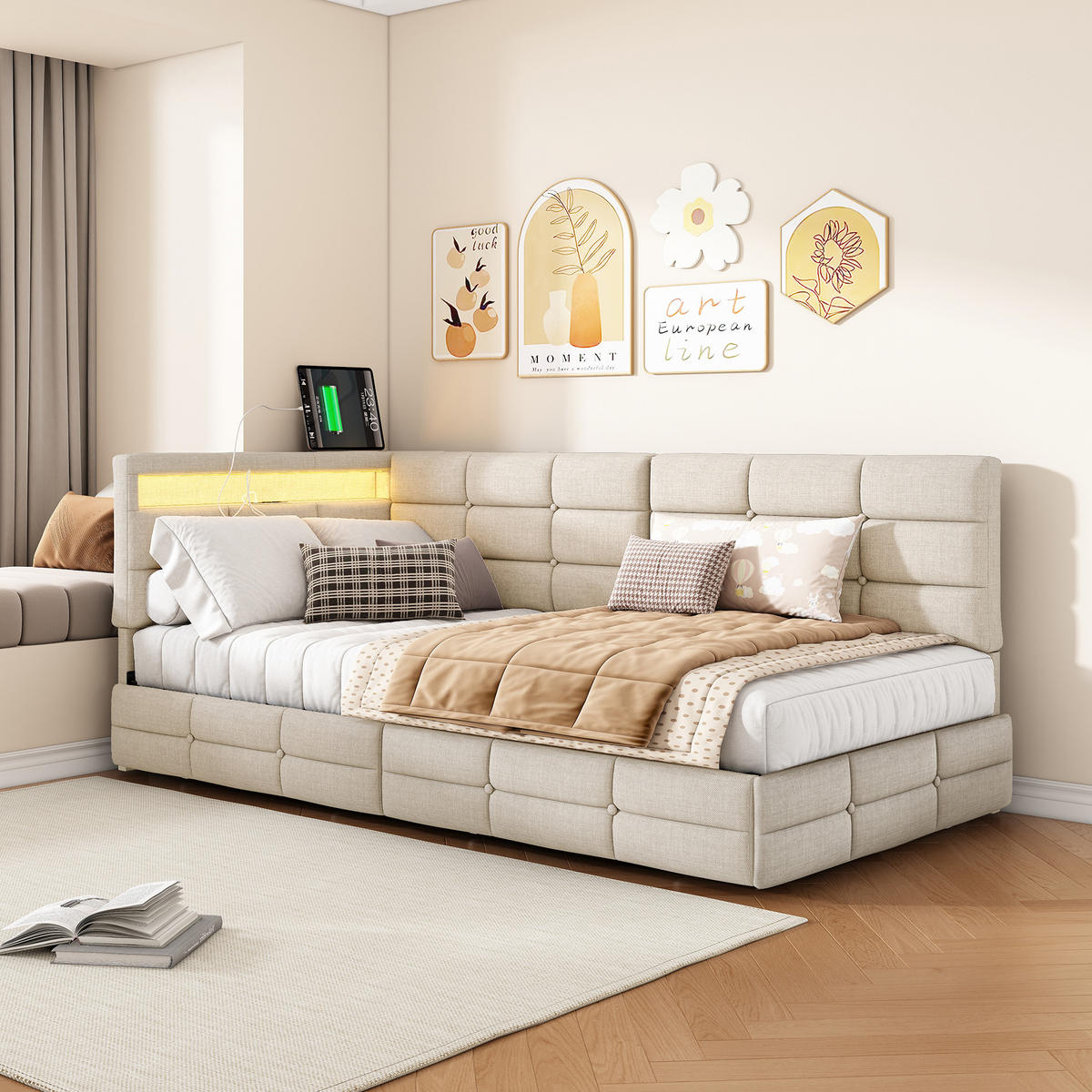 POLSTERBETT 90/200 cm mit Stauraum, LED-Kopfteil, modernes Einzelbett, Stoffbett, Jugendbett für Schlafzimmer - Beige, Holz/Metall (90/200cm) - Joyfair