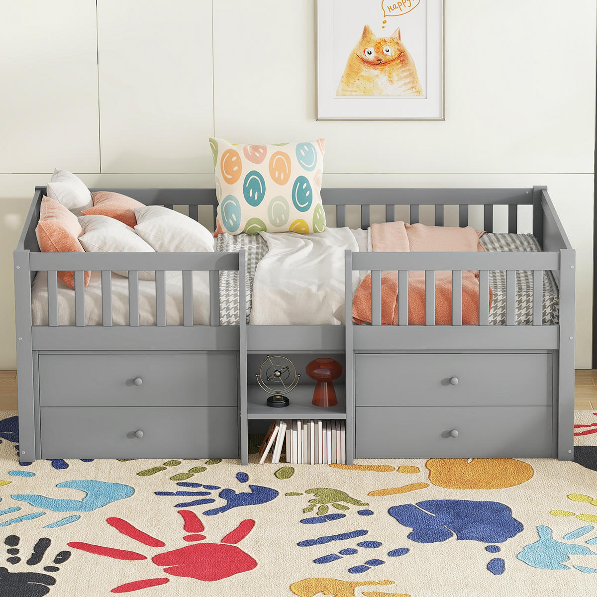 HOCHBETT 90/200 cm grau mit 4 Schubladen und Sicherheitsgeländer - Grau, Holz (90/200cm) - OKWISH