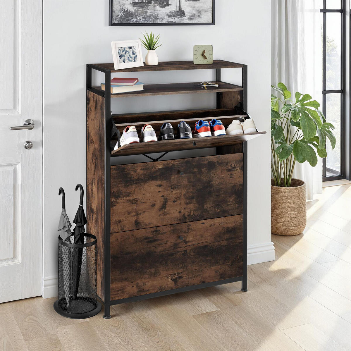 SCHUHSCHRANK Buffalo,inklusive Kippschutz, 81 x 32 x 130 cm,Industrial Holz dunkel, rustikal - Rostfarben, Holzwerkstoff (32/130/81cm) - tectake