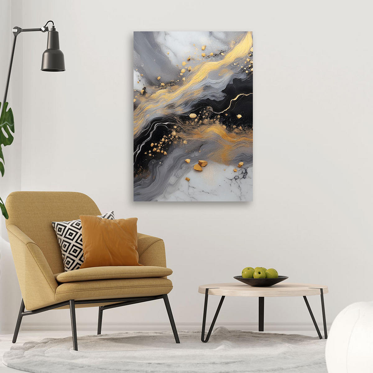 LEINWANDBILD Abstrakter Marmor Gold Schwarz 60x90cm - Schwarz, Textil (60/90cm) - Feeby