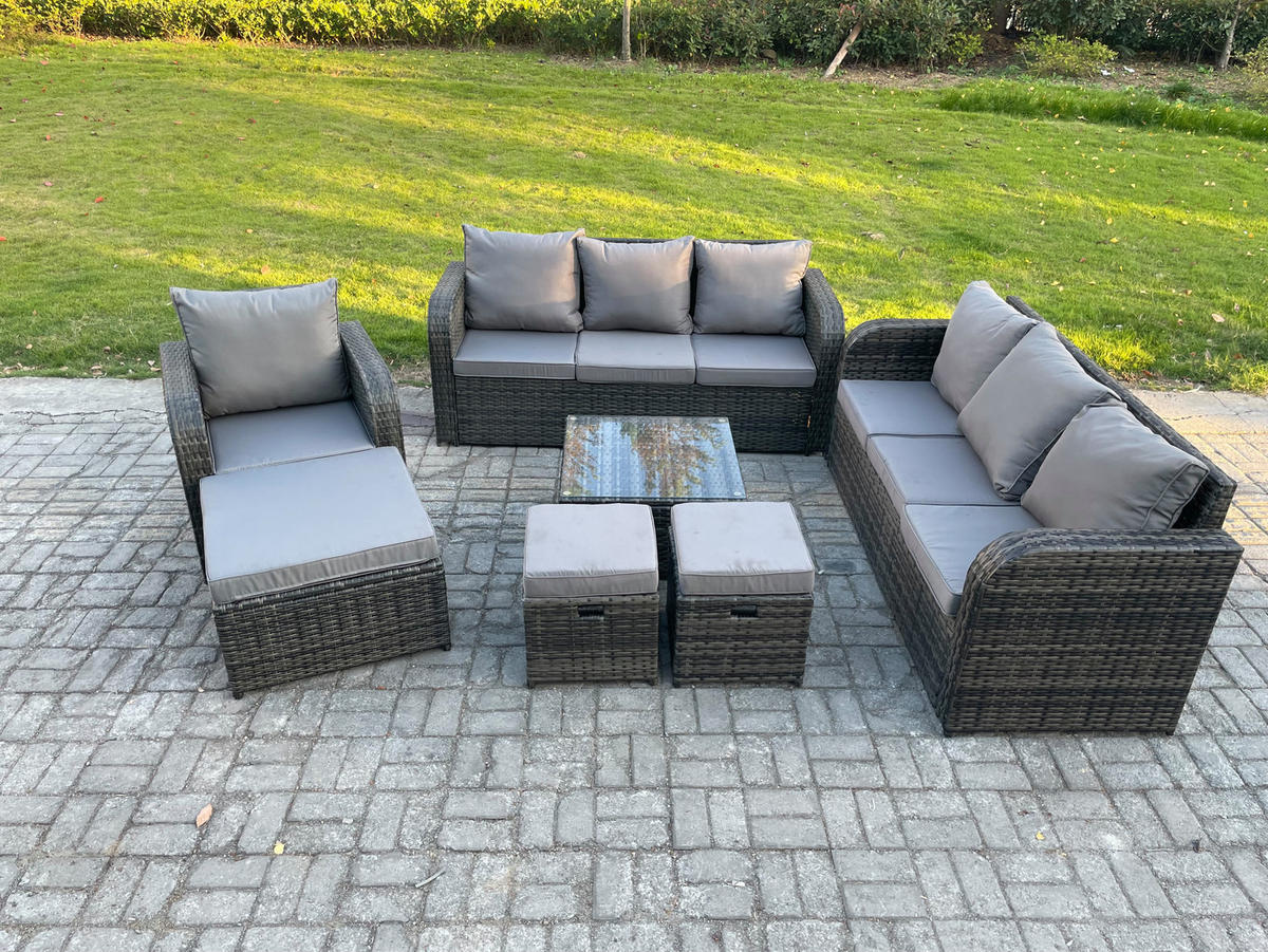 GARTENMÖBEL SET mit 3-SITZER SOFA Polyrattan Dunkelgrau 10-Sitzer - Dunkelgrau/Grau, Glas/Kunststoff - Fimous