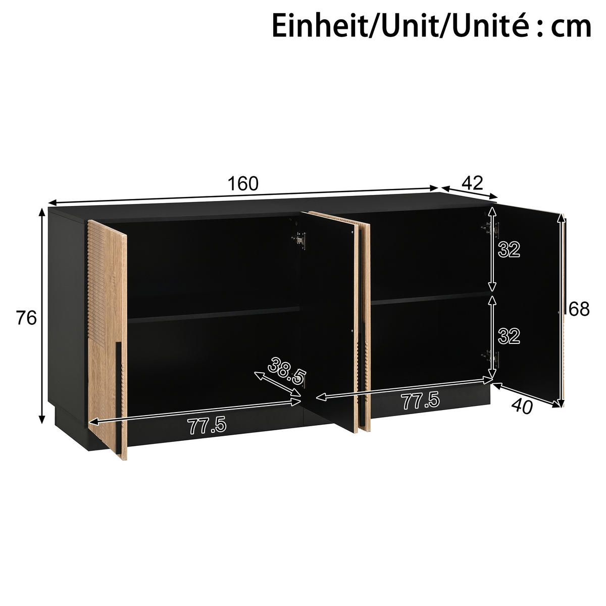 SIDEBOARD 4 Türen Relieffront Metallgriffe MDF Schrank Modern - Multicolor, Holzwerkstoff (160/76/42cm) - FLIEKS