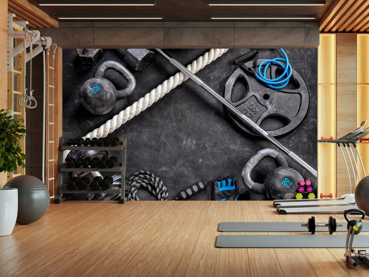 FOTOTAPETE für Fitnessstudio Sportgeräte zum Trainieren Kettlebells Hanteln 400x280 - Blau/Creme, Papier (400/280cm) - Muralo
