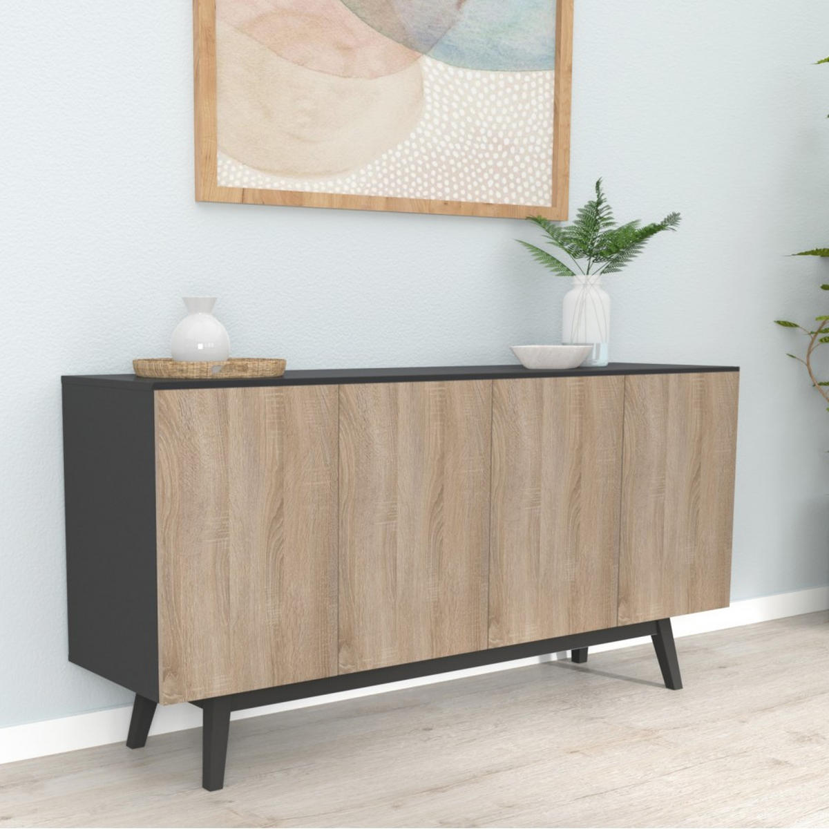 SIDEBOARD HOME mit Türen Schubladen/ Schwarz und Eiche gebleicht - Multicolor, Holzwerkstoff (160/80/42cm) - Weber Industries