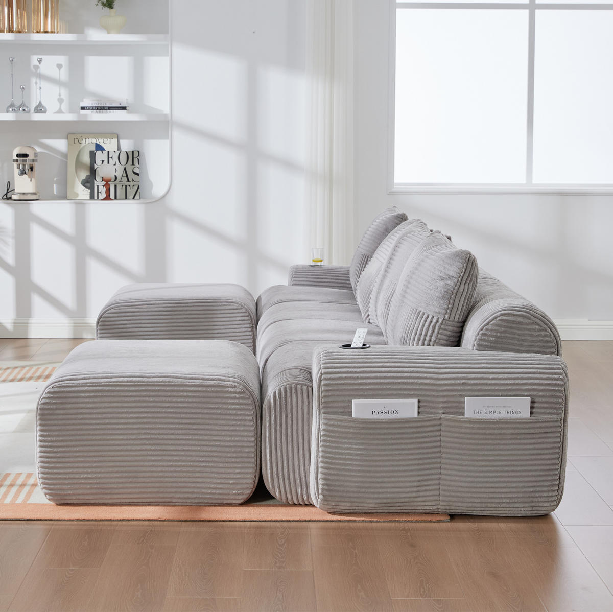 MODULARES Sofa 333/174/80 cm in Hellgrau mit 2 Hockern und Getränkehalter - Hellgrau, Textil (174/80/333cm) - Flora Grace