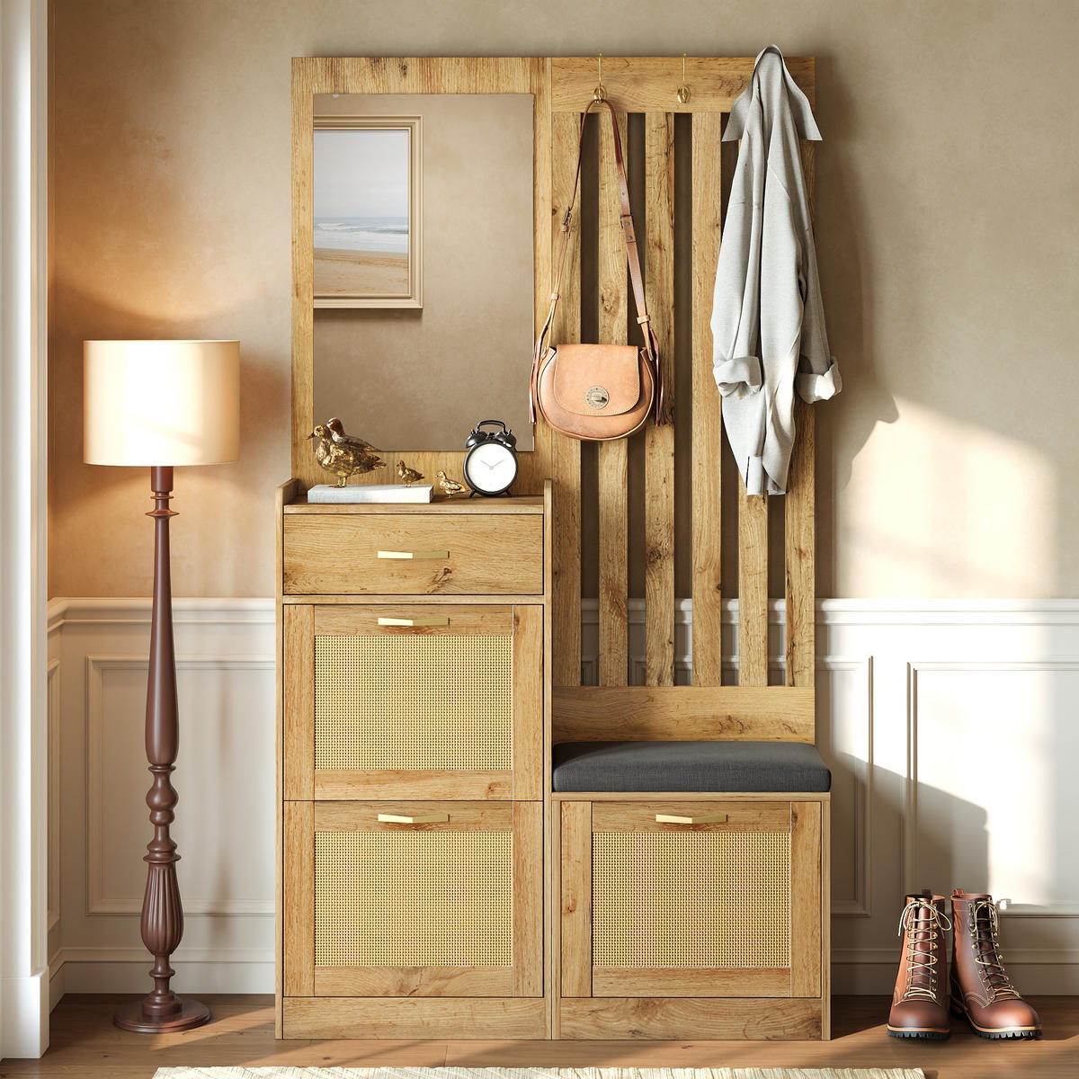 GARDEROBE Garderoben-Set mit Sitzbank und Spiegel, Haken, Schuhschrank, Rattanoptik, Flur Stauraum MDF Natur - Naturfarben, Glas/Holzwerkstoff (99.5/180/26cm) - EVRYAE