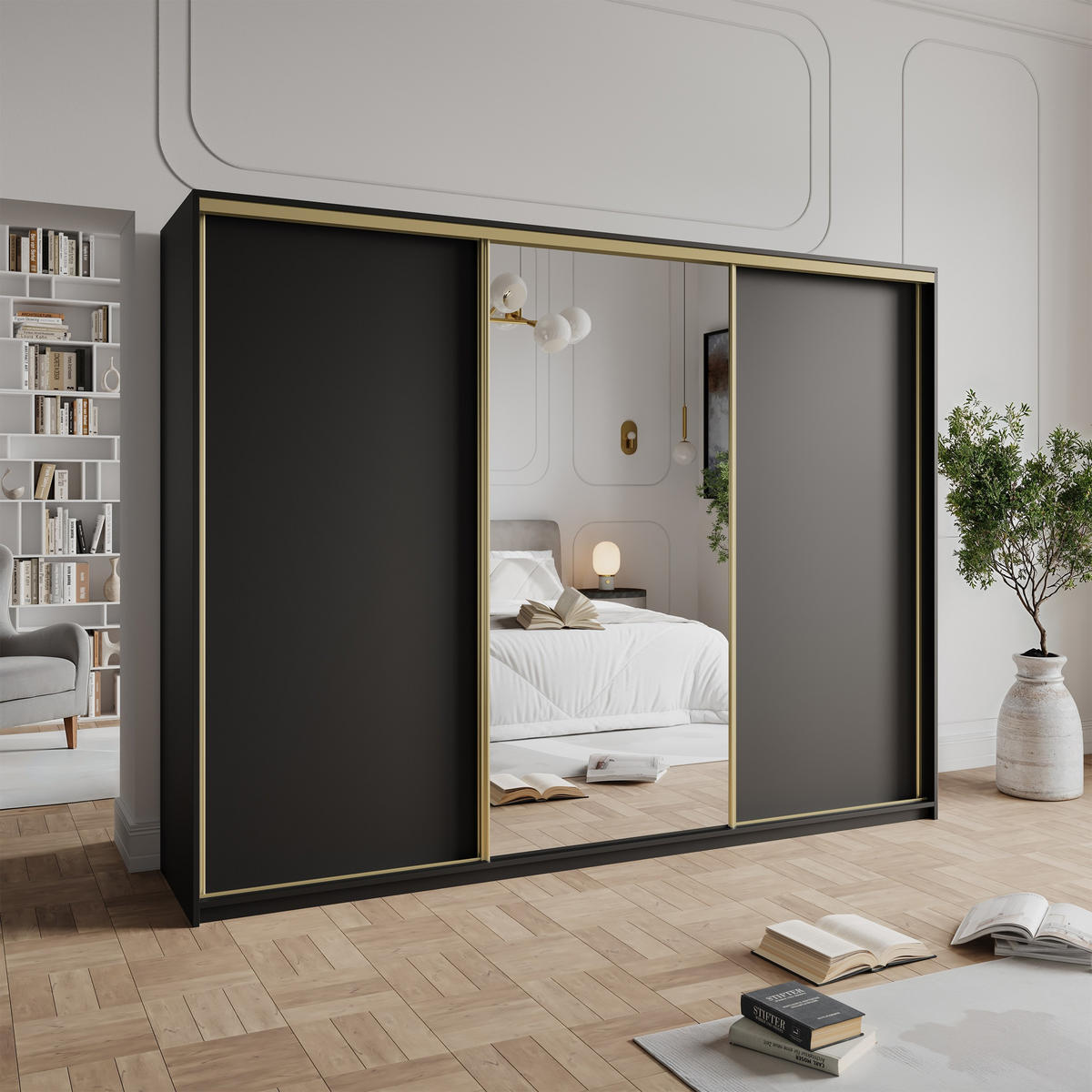 SCHWEBETÜRENSCHRANK TAVI 250/205/60 cm 3-türig mit Spiegel und Schubladen Schwarz - Goldfarben/Schwarz, Holzwerkstoff (250/205/60cm) - MASSENO