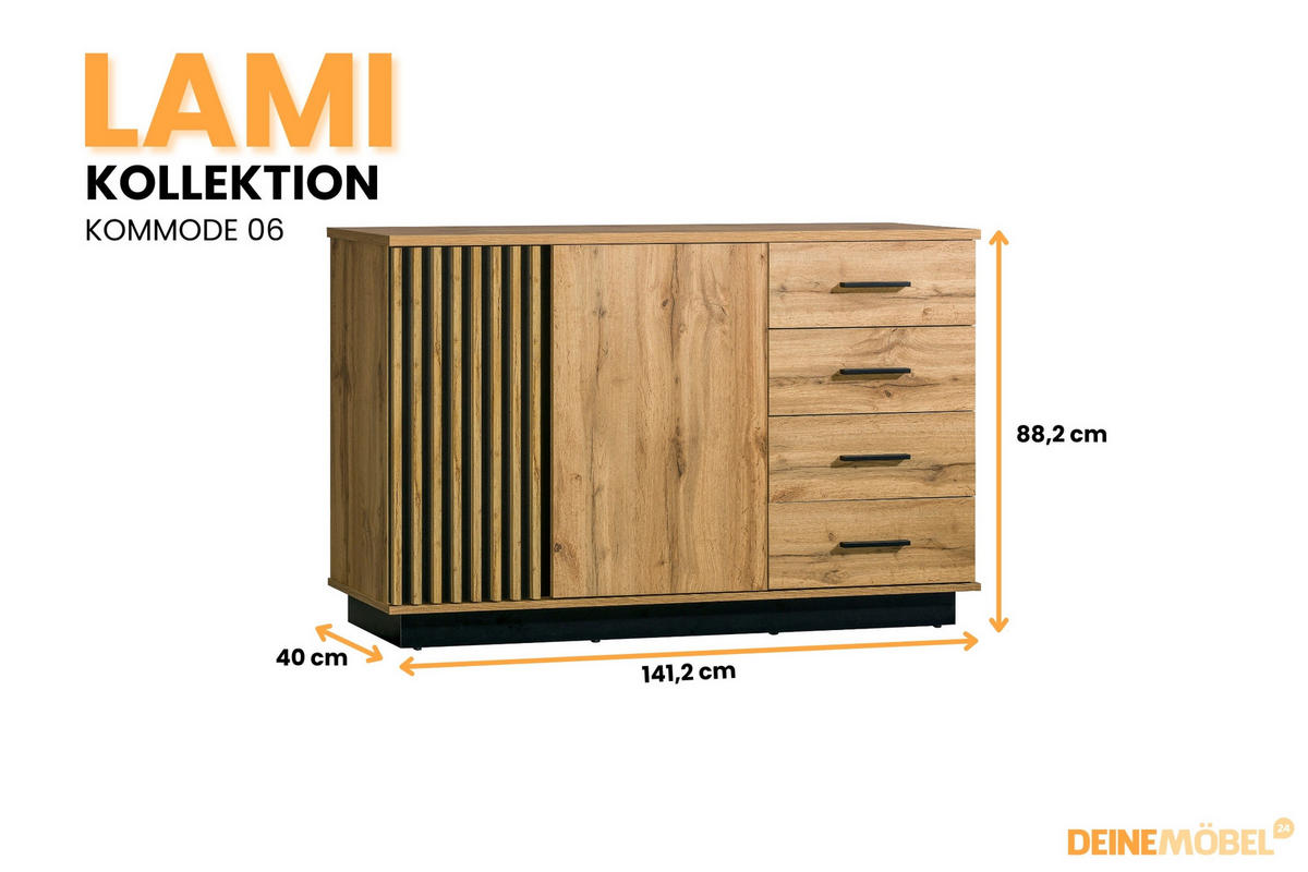 KOMMODE LAMELO 6 142/89/40 cm in Wotan Eiche / Schwarz Matt mit Lamellen - Eiche Wotan/Schwarz, Holzwerkstoff (142/89/40cm) - Deine Möbel 24