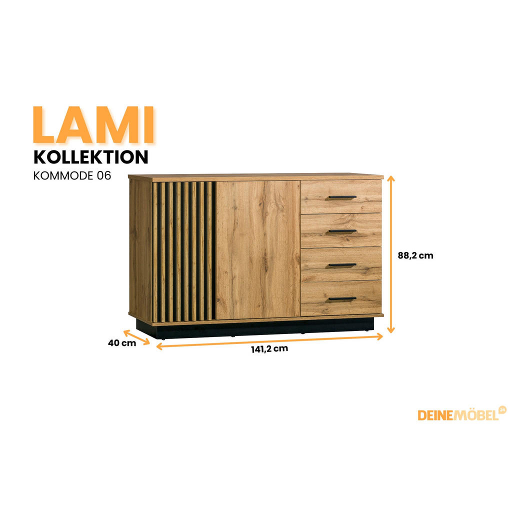 Thumbnail - Deine Möbel 24 Kommode, Eiche Wotan, Schwarz, Holzwerkstoff, 142x89x40 cm, Wohnzimmer, Kommoden & Sideboards, Kommoden