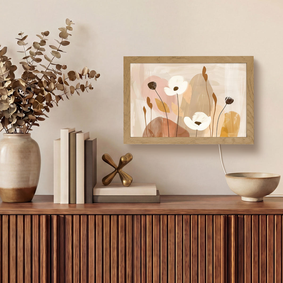 WANDLEUCHTE Blumen - Abstrakt - Beige - Strichzeichnung 30x20 cm - Sandfarben, Holzwerkstoff (30/20/8cm) - OnlyWow