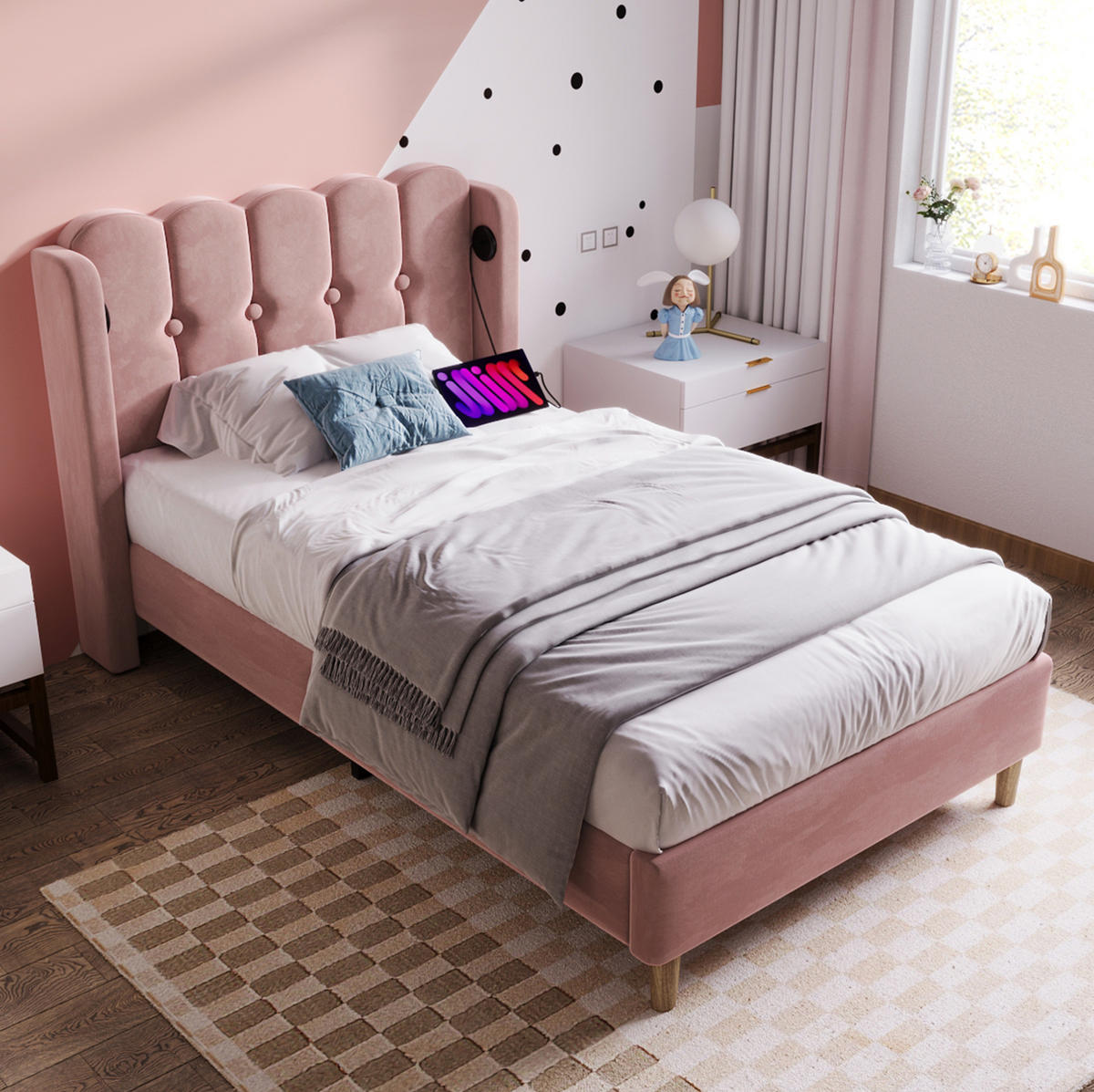 SAMT-POLSTERBETT 90/200 cm Rosa mit gepolstertem Kopfteil und USB-C - Rosa, Textil (90/200cm) - BEAOK
