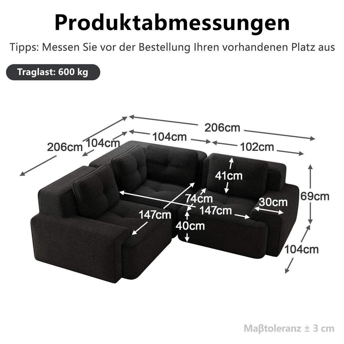 ECKSOFA DE-34221 modularer Tiefsitz Schwarz - Schwarz, Textil (104/177cm) - ComfortXL