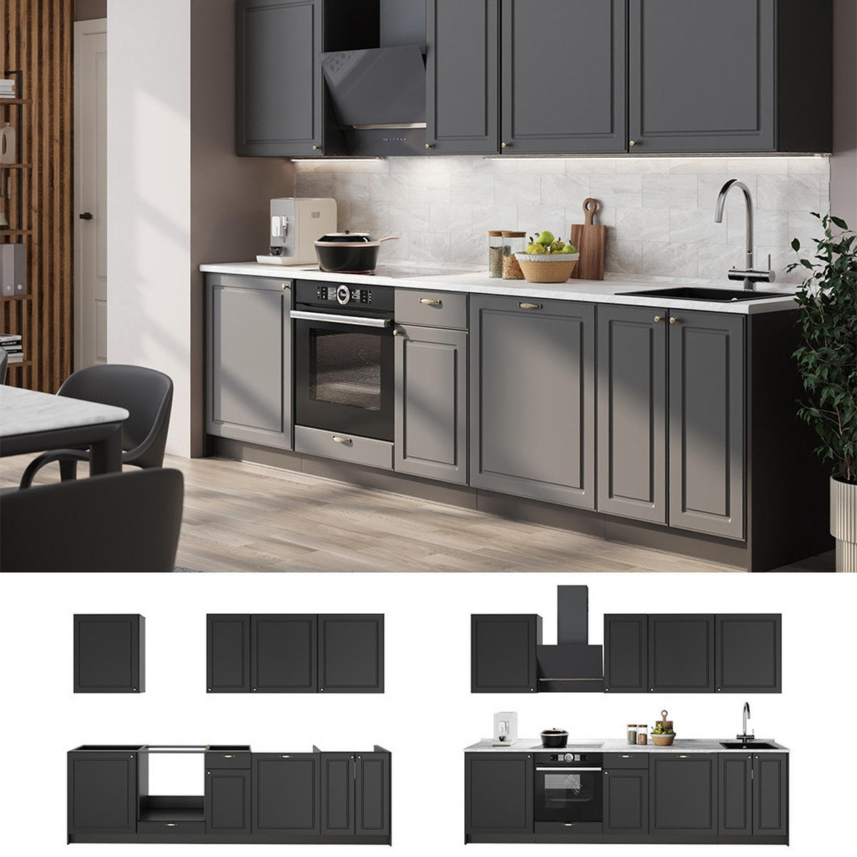 KÖK Fame-Line, Herrgård i antracitguld/antracit, 280 cm, AP Oak - Antracit, Träbaserade material (280/206.8/60cm) - Vicco