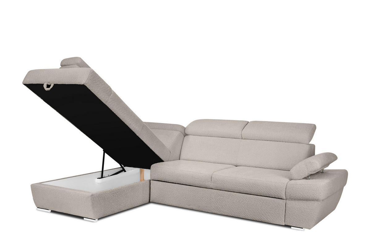 SCHLAFECKSOFA RATLO links 4/5-Sitzer mit Bettkasten, Ecru - Ecru/Silberfarben, Textil (270/190cm) - KONSIMO®