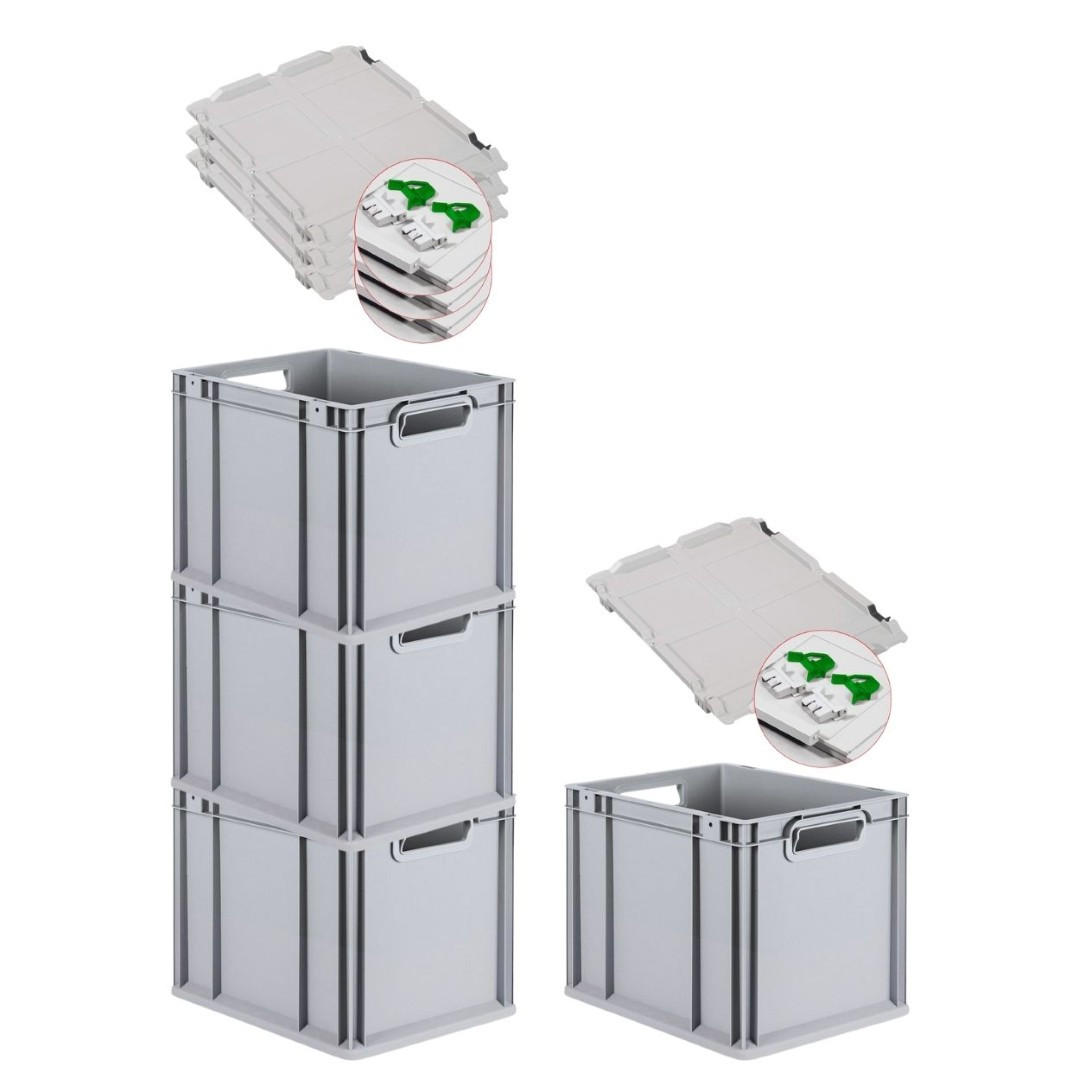 EUROBOX 4x Nextgen Economy Mit Scharnierdeckel Grau/GrünGriffe Offen 30 Liter - Grün, Kunststoff (30/32/40cm) - PROREGAL