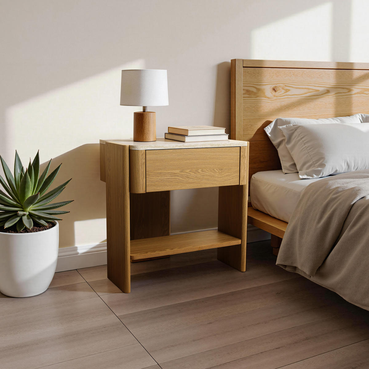 NACHTTISCH Modern mit Marmoroptik, Eiche, MDF | B55 x T40 x H53 cm - Eichefarben, Holz (55/53/40cm) - Hometopia
