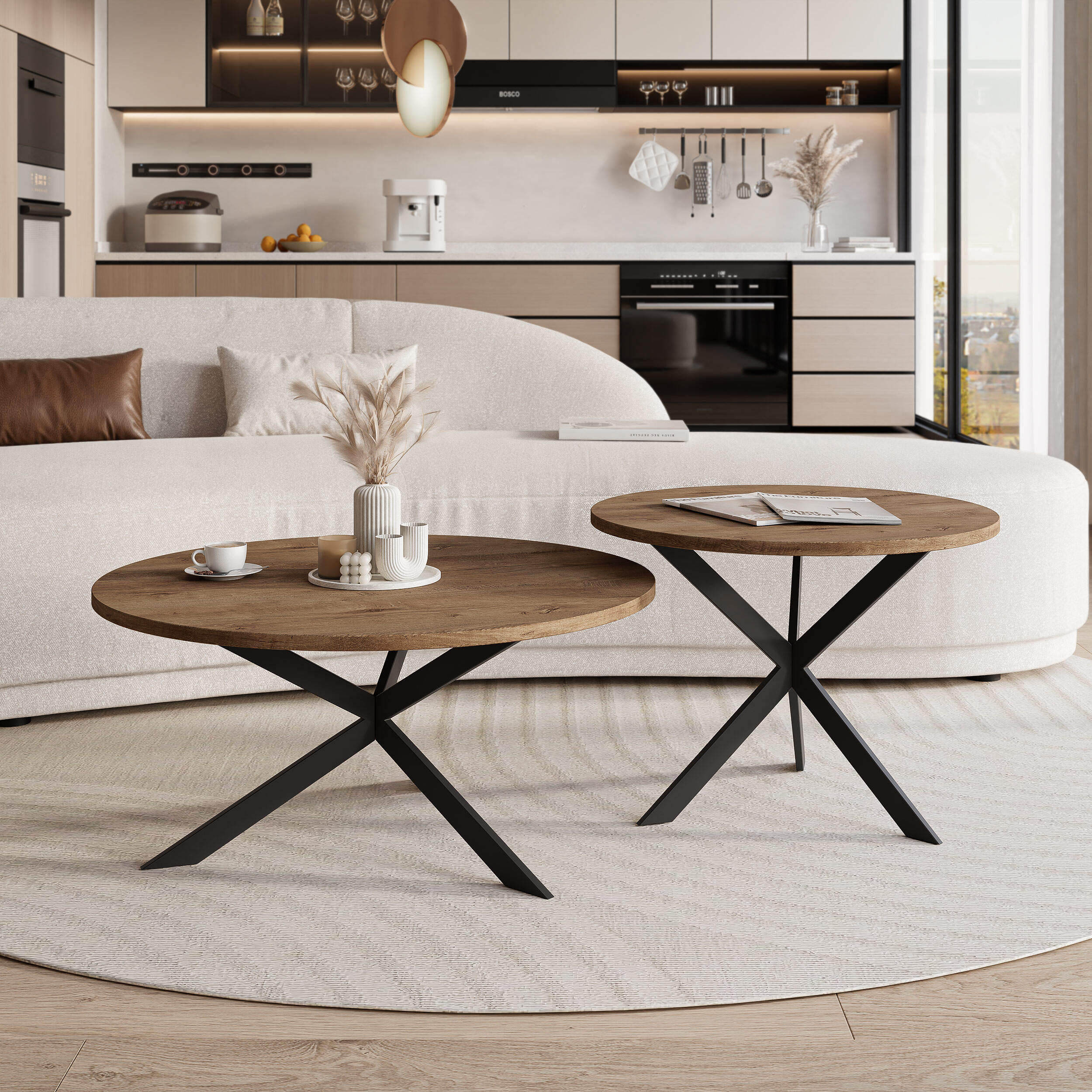 COUCHTISCH rund auf MDF, Lefkas Eiche - Schwarz/Braun, Holzwerkstoff (75/75/36cm) - Idohome