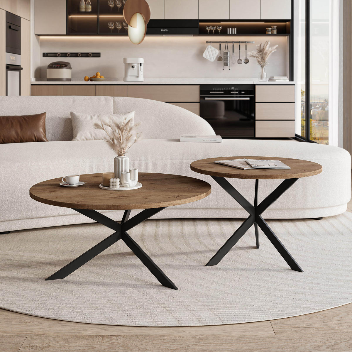 COUCHTISCH rund auf MDF, Lefkas Eiche - Schwarz/Braun, Holzwerkstoff (75/75/36cm) - Idohome