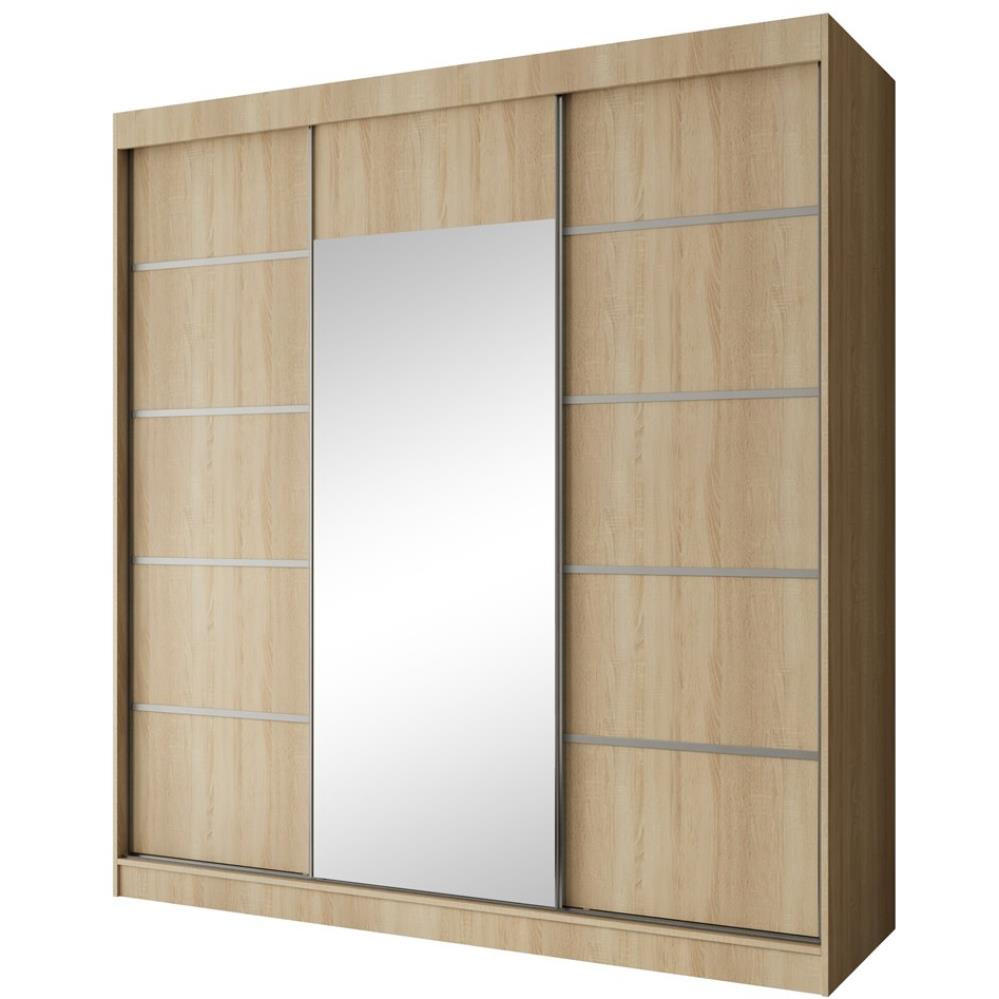 SCHWEBETÜRENSCHRANK Monica 200/215/61 3-türig eiche sonoma+silber mit Spiegel - Silberfarben/Sonoma Eiche, Holzwerkstoff (200/215/61cm) - Beautysofa