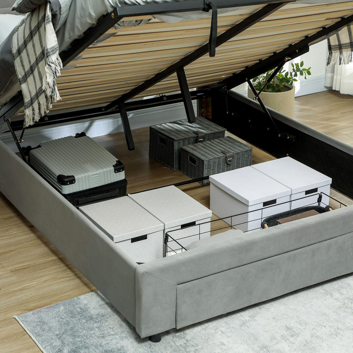 BETT 140x200 cm DE-14569 mit Stauraum & verstellbarem Kopfteil Grau - Hellgrau, Holzwerkstoff (140/200cm) - ComfortXL