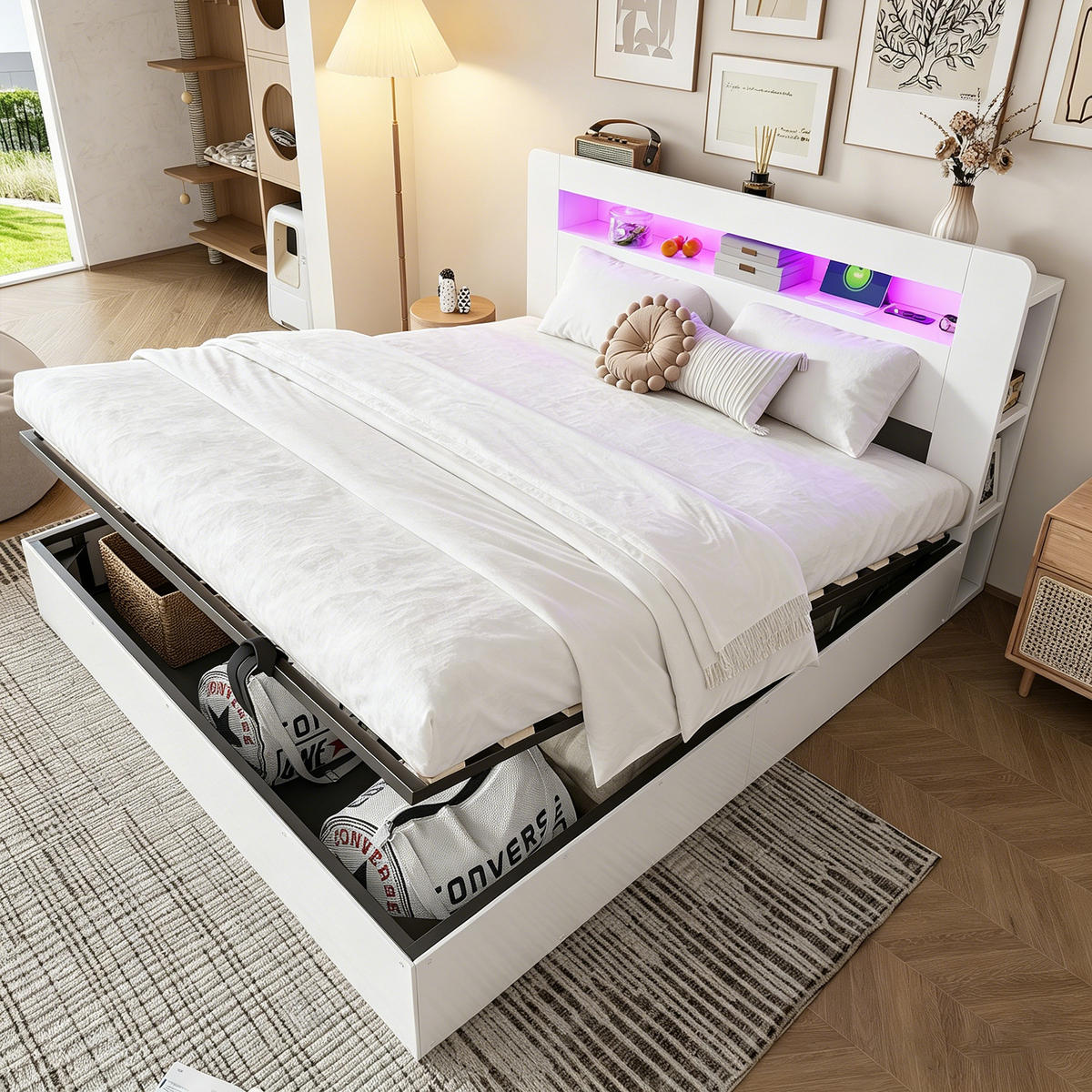BETT 180/200 cm in Weiß aus Holz mit Bettkasten, LED und Steckdosen - Weiß, Holz/Holzwerkstoff (180/200cm) - WISHDOR