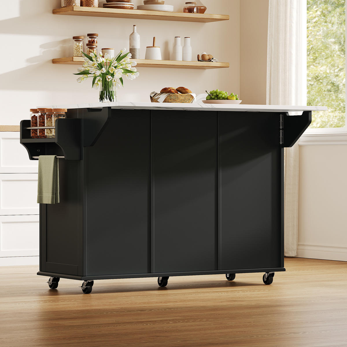 KÜCHENINSEL 89,5 cm MDF Schwarz Natur mit Klappbarer Arbeitsplatte und Gewürzregal - Schwarz, Holzwerkstoff (45/89.5/143cm) - Korfee