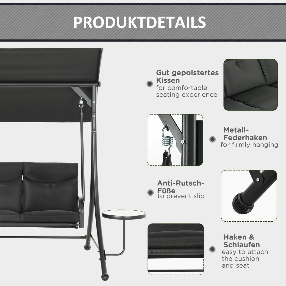HOLLYWOODSCHAUKEL aus Metall 278x135x177 cm in Schwarz mit Couchtischen - Schwarz, Metall (278/177/135cm) - Modfu