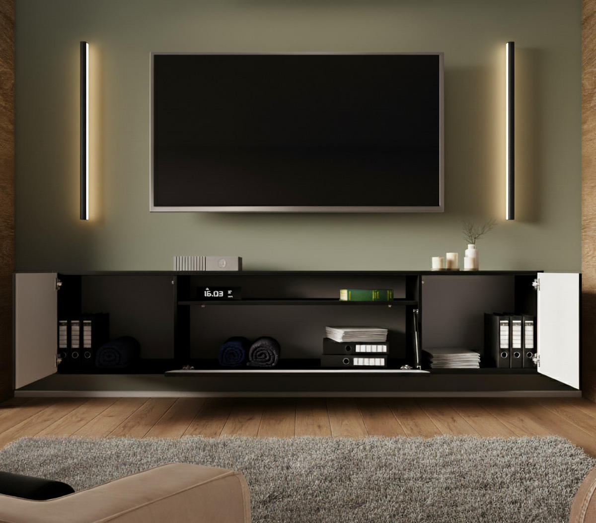 LOWBOARD Noa, Hängender TV-Schrank mit Push-to-Open System, schwarz - Schwarz, Holzwerkstoff (200/41/40cm) - AN-Moebel 4u