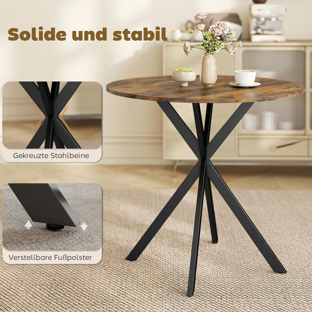 KÜCHENTISCH rund Braun 80/80/75 cm - Schwarz/Braun, Metall (80/80/75cm) - HOMCOM