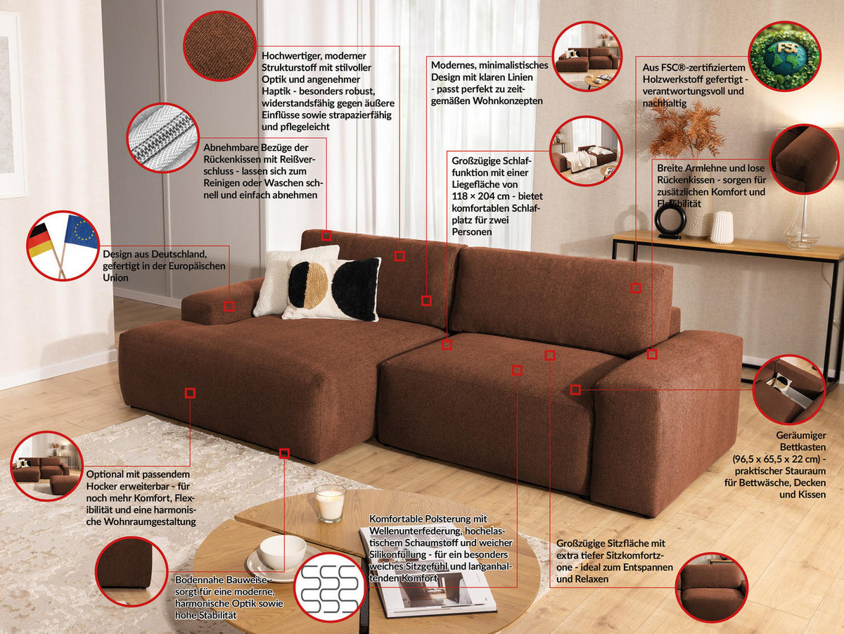 ECKSOFA Lennon aus Braun Strukturstoff mit Schlaffunktion und Bettkasten - Schwarz/Braun, Holz/Kunststoff (137/264cm) - S-Style