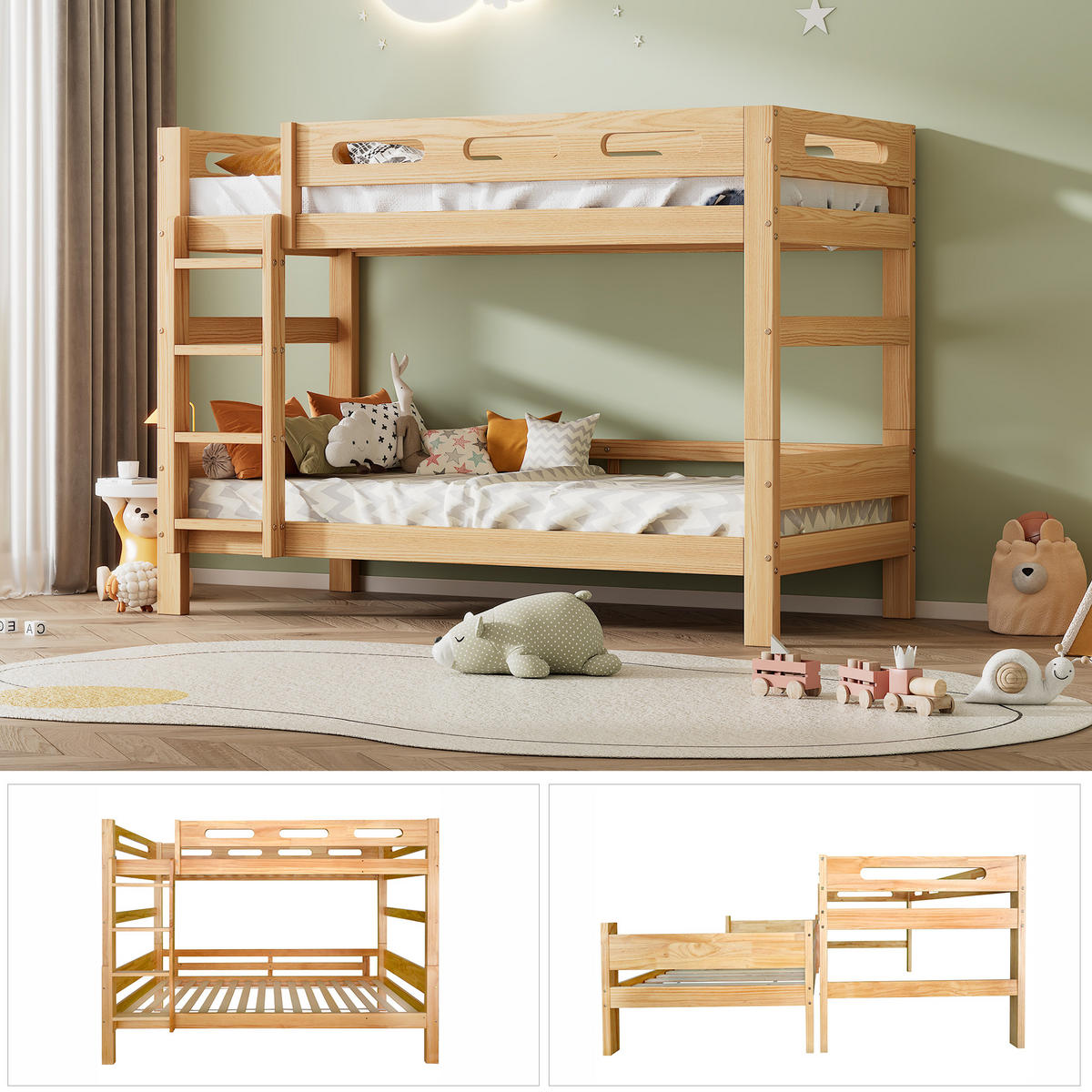 ETAGENBETT 90/200 cm Natur Kiefernholz mit Trennungsmöglichkeit - Naturfarben, Holz (90/200cm) - OKWISH