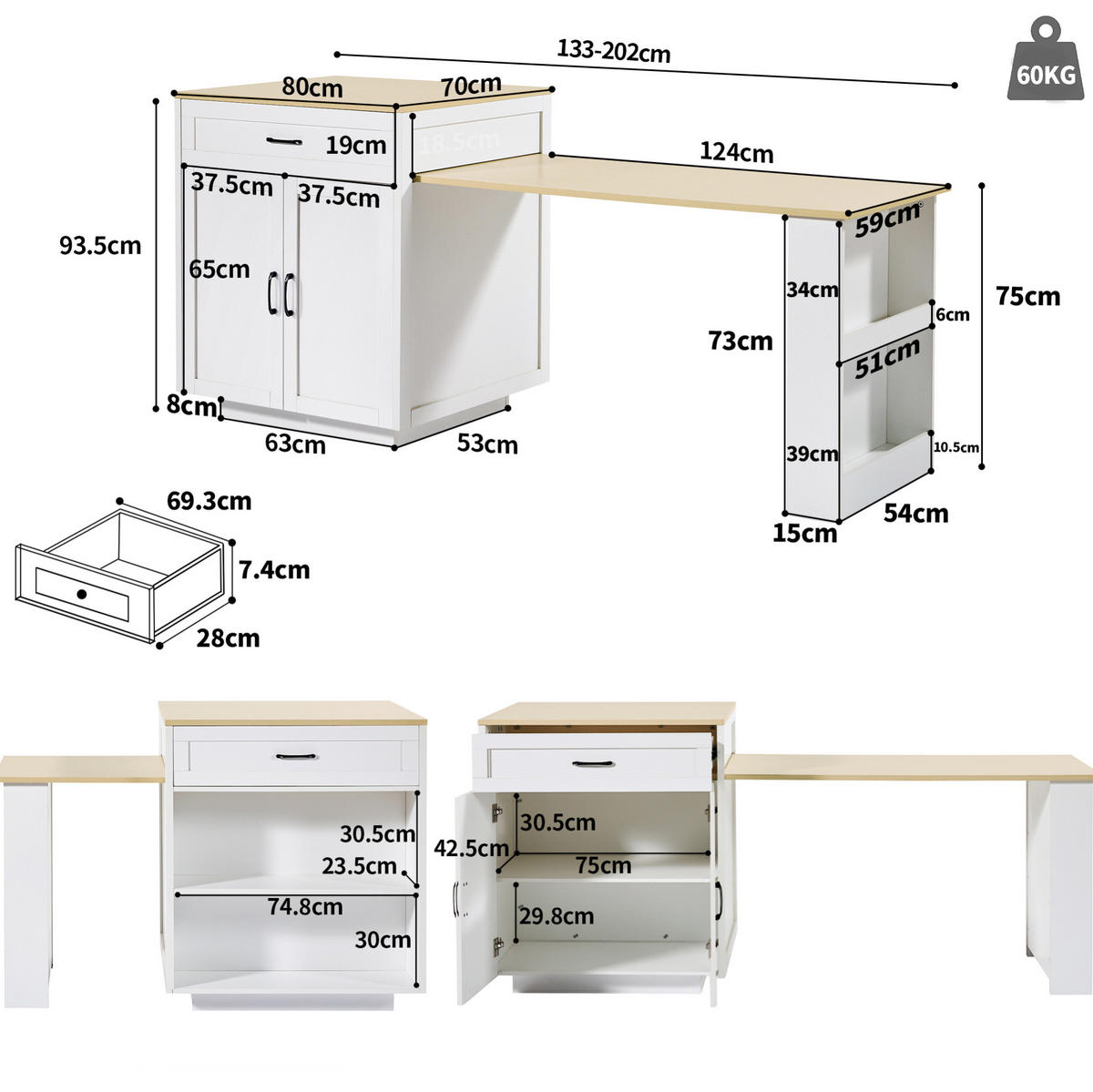 STEHTISCH ausziehbar 133-202/70/93,5 cm in Weiß mit Stauraum und Rollen - Weiß, Holzwerkstoff (133/70/93.5cm) - BEAOK