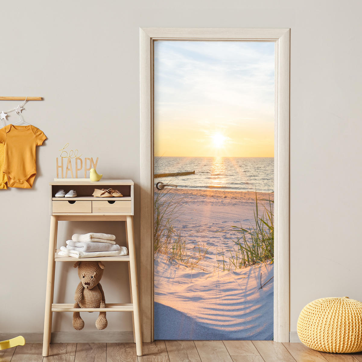 FOTOTAPETE Tür - Strand - Sonne - Düne - Gras - Sand - Horizont 75x205 cm - Dunkelgelb, Kunststoff (75/0.1cm) - MuchoWow