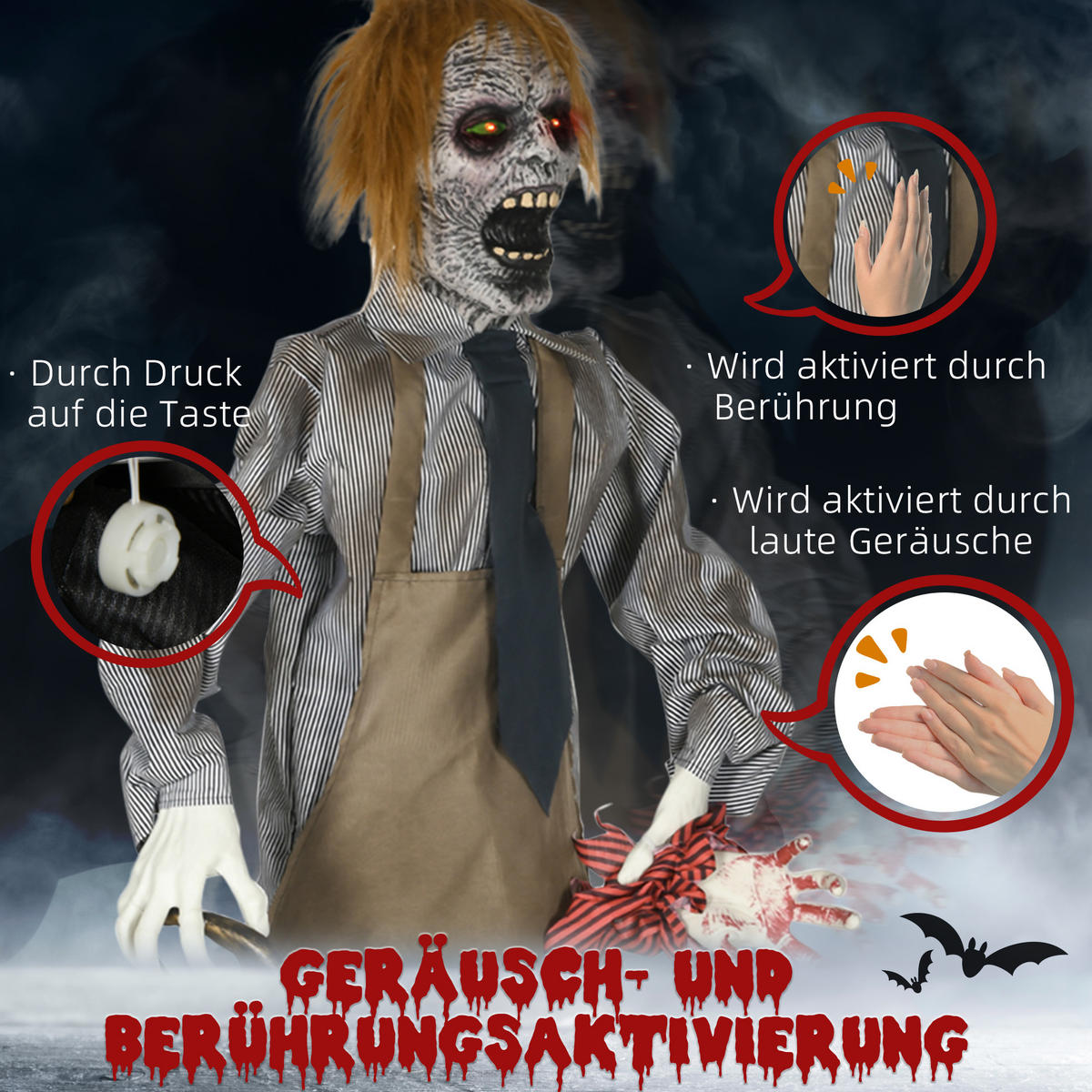 HALLOWEEN HORROR-CLOWN, mehrfarbig, Polyester, PE, Kunststoff, Stahl - Multicolor, Kunststoff (18/170/130cm) - HOMCOM