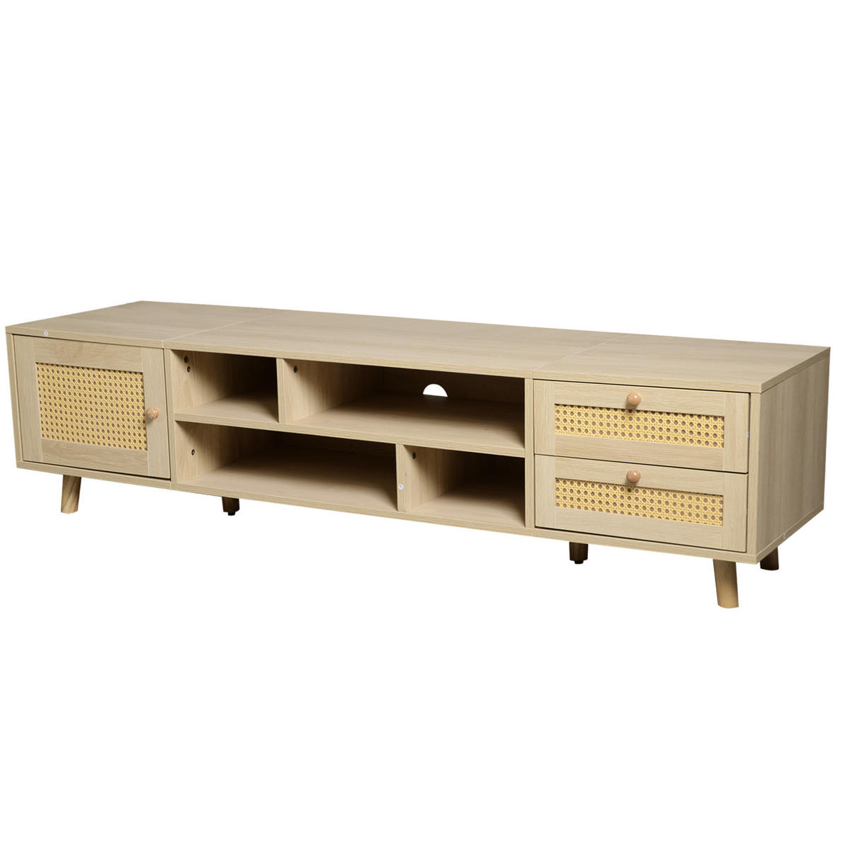 TV ormarić 160/39/40,5 cm hrast od iverice s otvorima za kabele i ratan frontama - prirodne boje, drvni materijal (160/40/39cm) - OKWISH