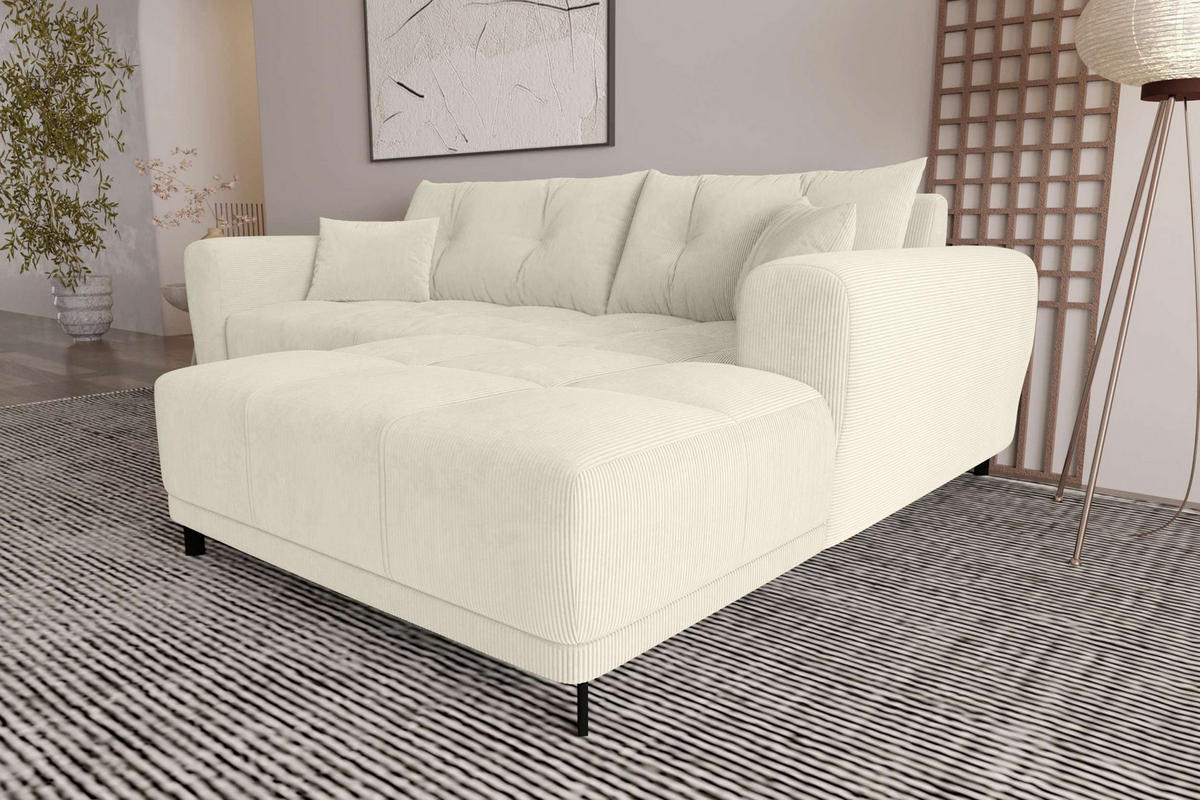 ECKSOFA Massimo Cordstoff Creme inkl. Schlaffunktion Rechts - Creme/Schwarz, Textil/Metall (246/177cm) - 99rooms